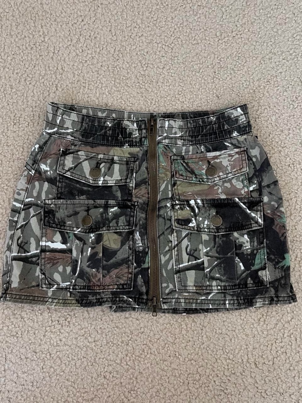 Glossy Camo Mini Skirt with Front Zip and Utility Pockets - Green/Black
